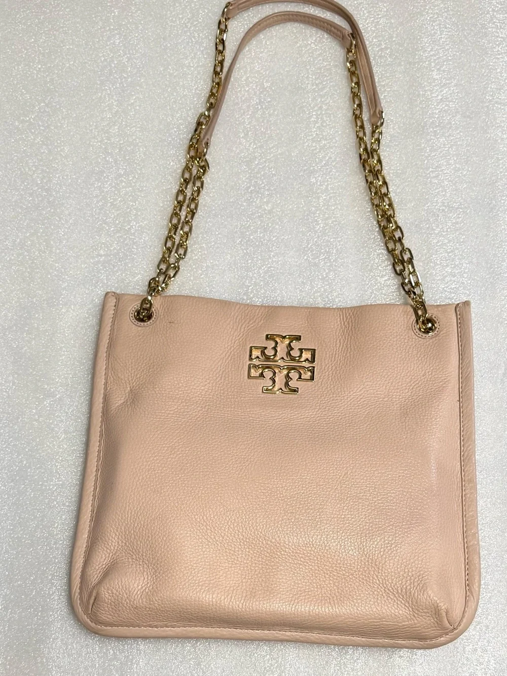 Tory Burch Blush Pink Pebbled Leather Chain Shoulder Tote Bag Gold Logo